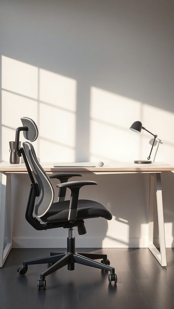 A minimalist ergonomic chair beside a clean desk with a lamp and computer accessories.