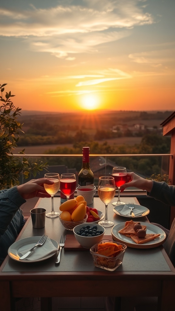A table set for an evening aperitivo with drinks and snacks, overlooking a sunset.