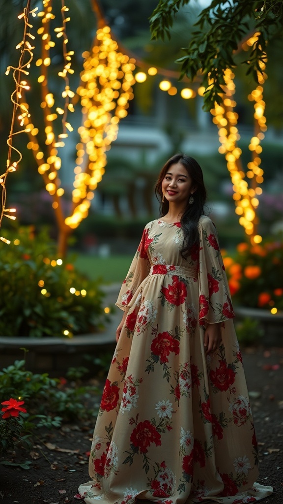 A woman in a floral sundress standing in a garden with fairy lights