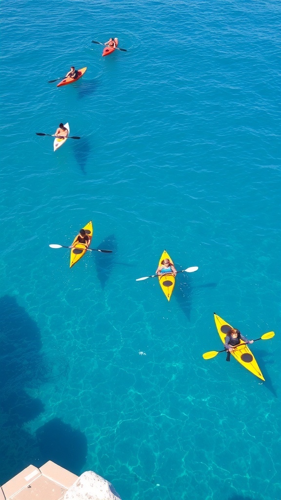 Aerial view of kayakers in bright yellow kayaks on clear blue waters in Milos, Greece.