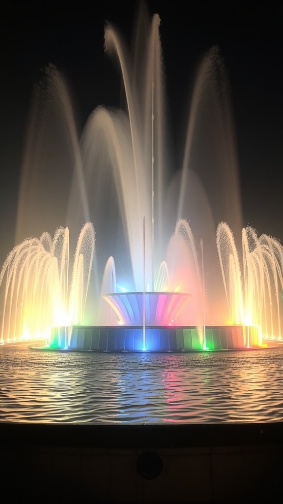 A vibrant display of the Magic Fountain of Montjuïc at night, showcasing colorful water jets and lights.