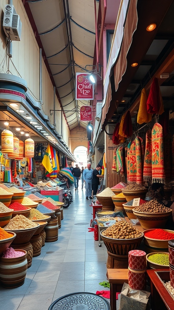 A vibrant traditional souk in Dubai filled with colorful spices and textiles.