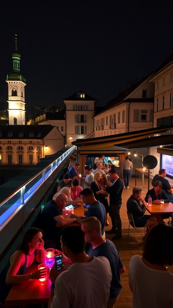 A rooftop bar in Zurich at night with people enjoying drinks and a view of the city.