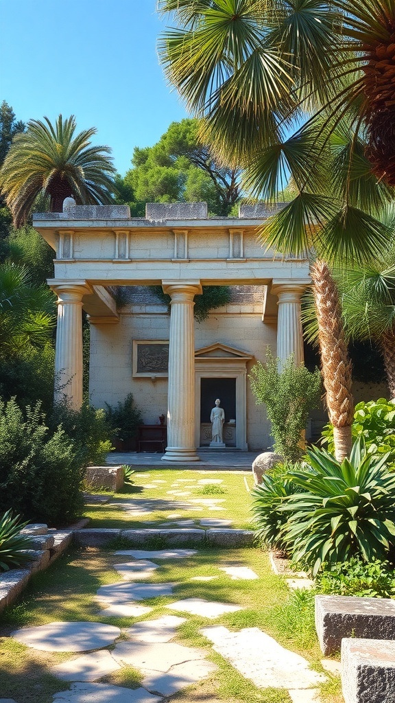 An ancient temple structure surrounded by palm trees and greenery on Samos, Greece.