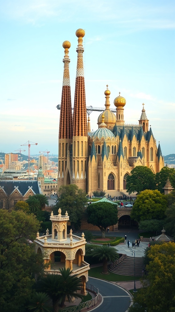 A view of the Sagrada Família in Barcelona, featuring its tall spires and ornate design.