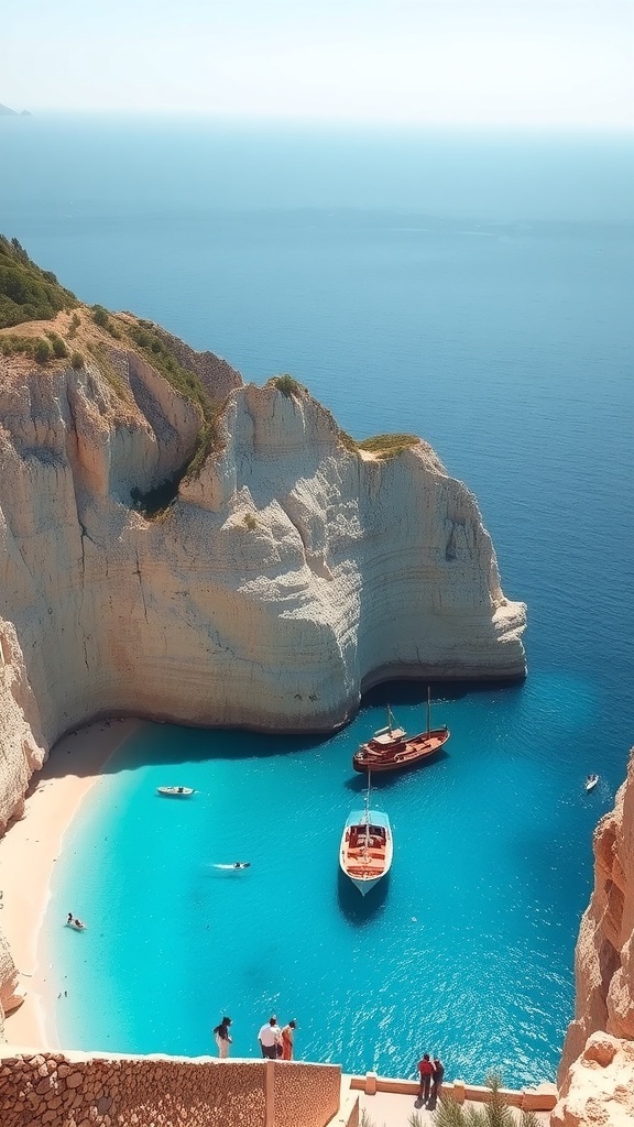 Aerial view of Navagio Beach with a shipwreck, surrounded by cliffs and clear blue water.