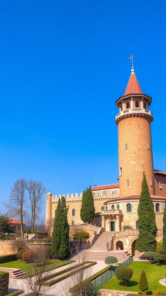 A view of Alanya Castle with a clear blue sky and green gardens
