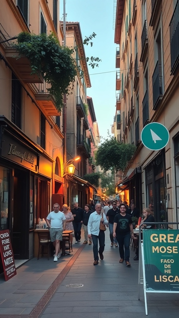 A lively street scene in Gràcia, Barcelona, with people walking and enjoying the evening atmosphere.