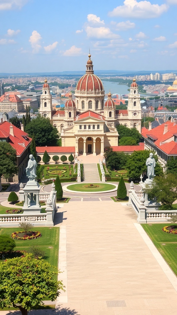 A view of Buda Castle with its dome and towers, surrounded by gardens and statues, overlooking the Danube River.