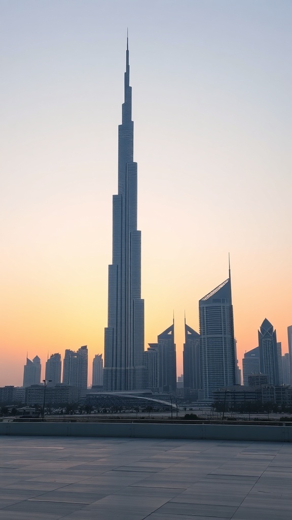 The Burj Khalifa standing tall against a sunset sky, surrounded by modern buildings.