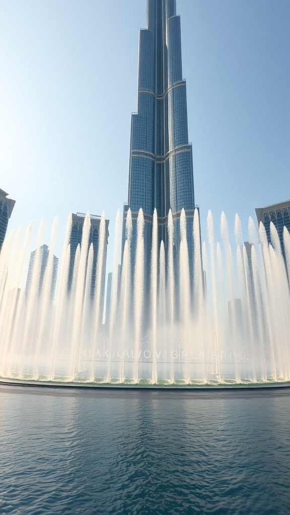 A view of the Dubai Fountain with the Burj Khalifa in the background.