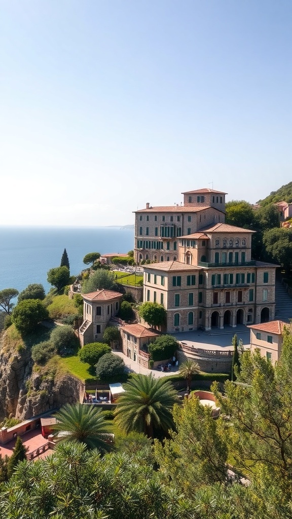 A view of Castello Brown in Portofino, Italy, showcasing its architecture and surrounding greenery.