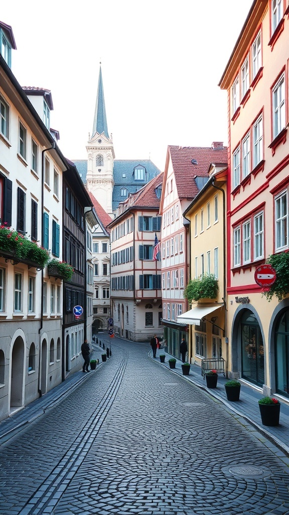 A narrow cobblestone street in Zurich's Old Town, lined with colorful buildings and a church steeple in the background.