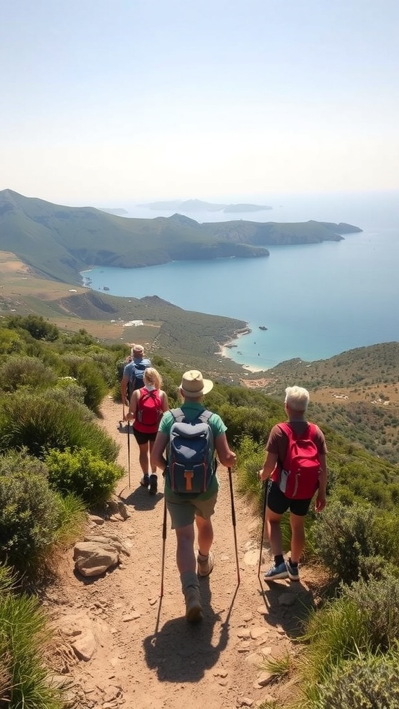 A group of hikers walking on a trail in Milos, Greece, with a view of the sea and islands in the background.