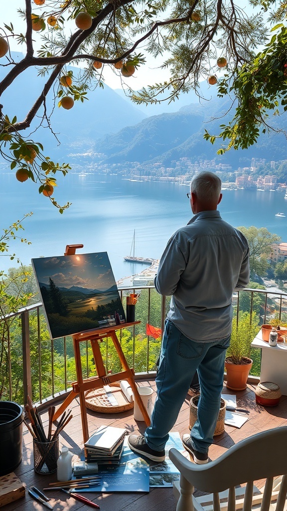 A painter standing on a balcony overlooking Lake Como, Italy, with an easel and painting supplies.