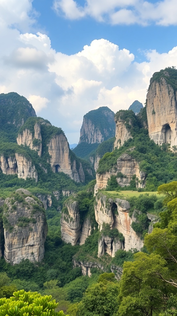 A scenic view of the Marble Mountains with lush greenery and rocky cliffs under a blue sky.