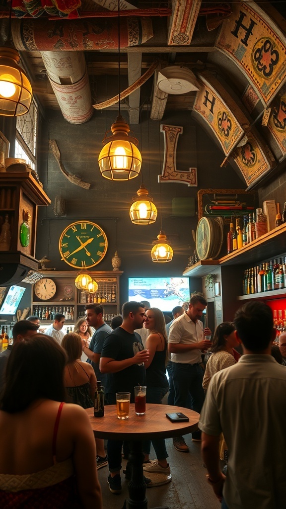 Interior of a ruin bar in Budapest with people socializing, vintage decor, and warm lighting.