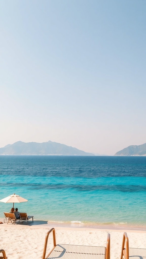 A serene beach in Marmaris, Turkey, featuring clear blue waters, soft sand, and sun loungers under an umbrella.