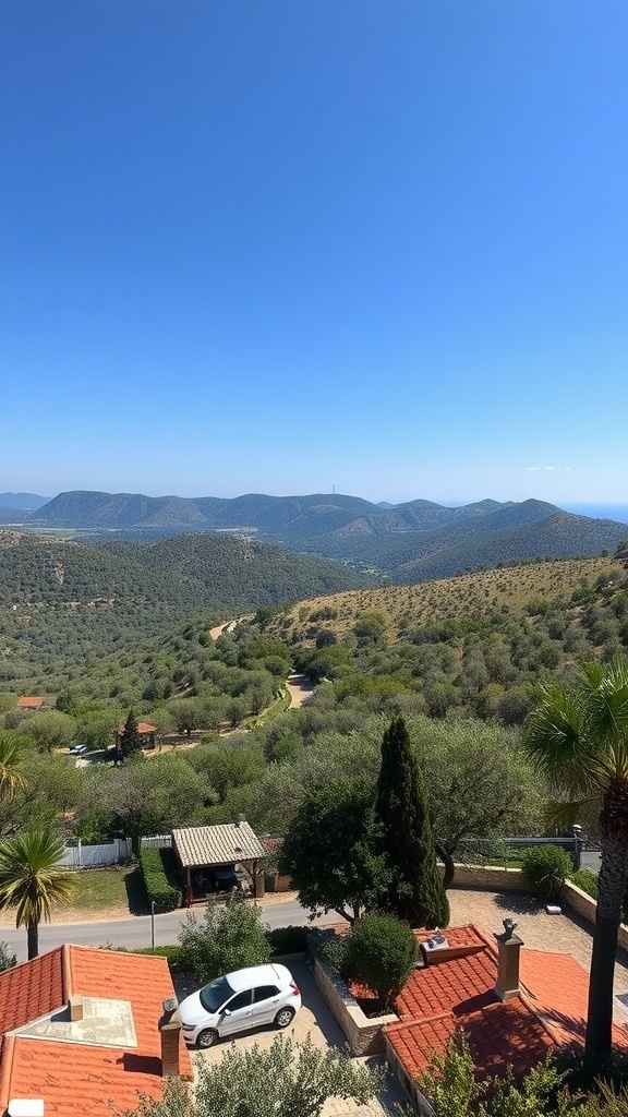 A scenic view of Corfu's rolling hills and olive groves under a clear blue sky.