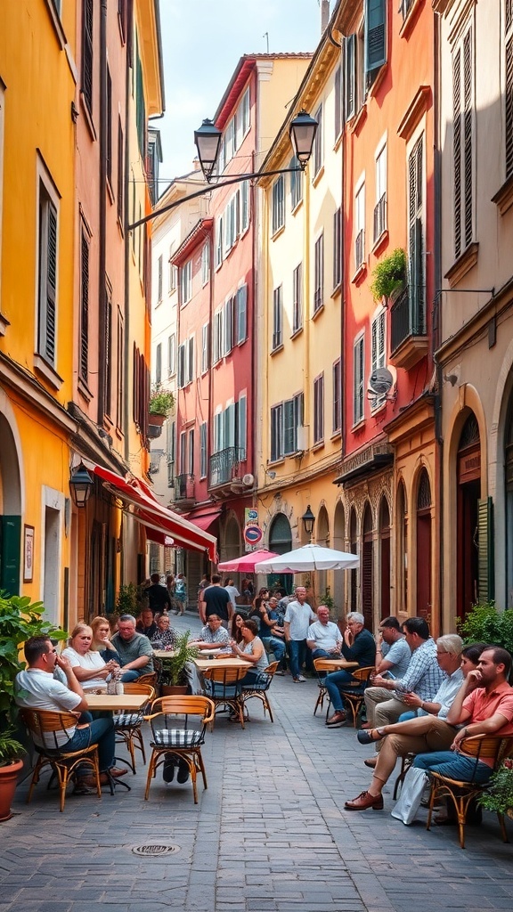 A vibrant street in Trastevere, Rome, with colorful buildings and people enjoying outdoor cafes.