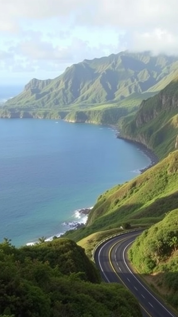 Winding road along the Windward Coast of Oahu, with mountains and ocean views.