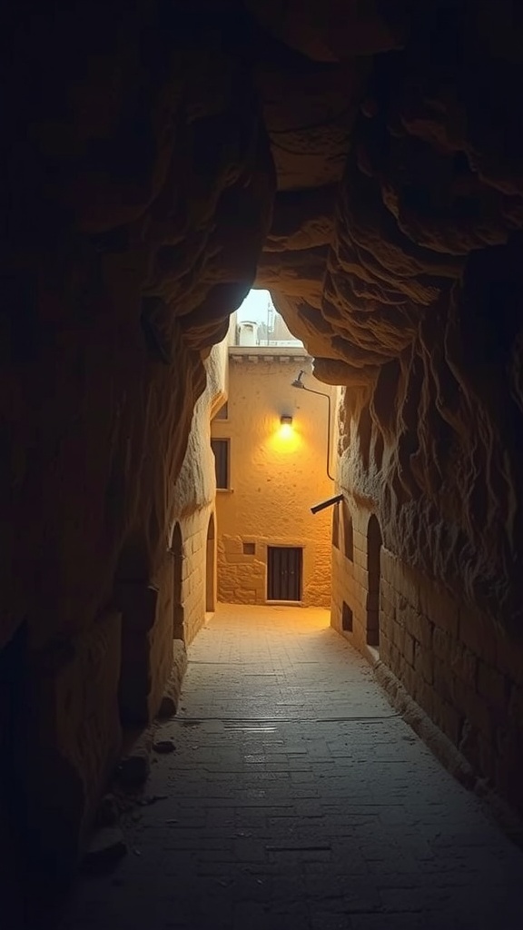 Narrow illuminated passageway in an underground city in Cappadocia, Turkey.