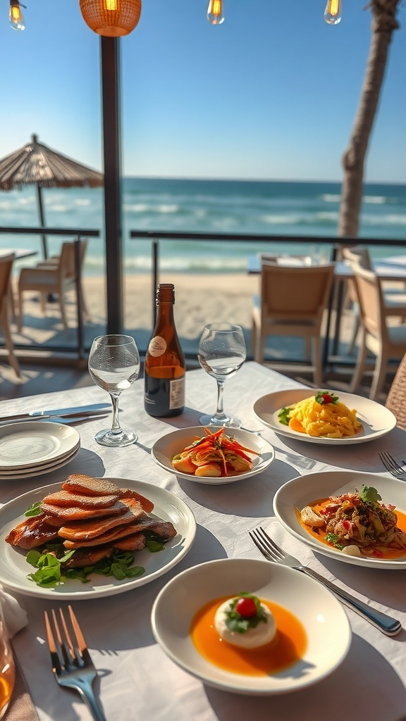 A beautifully arranged dining table with various dishes and a view of the ocean in Waikiki, Hawaii.