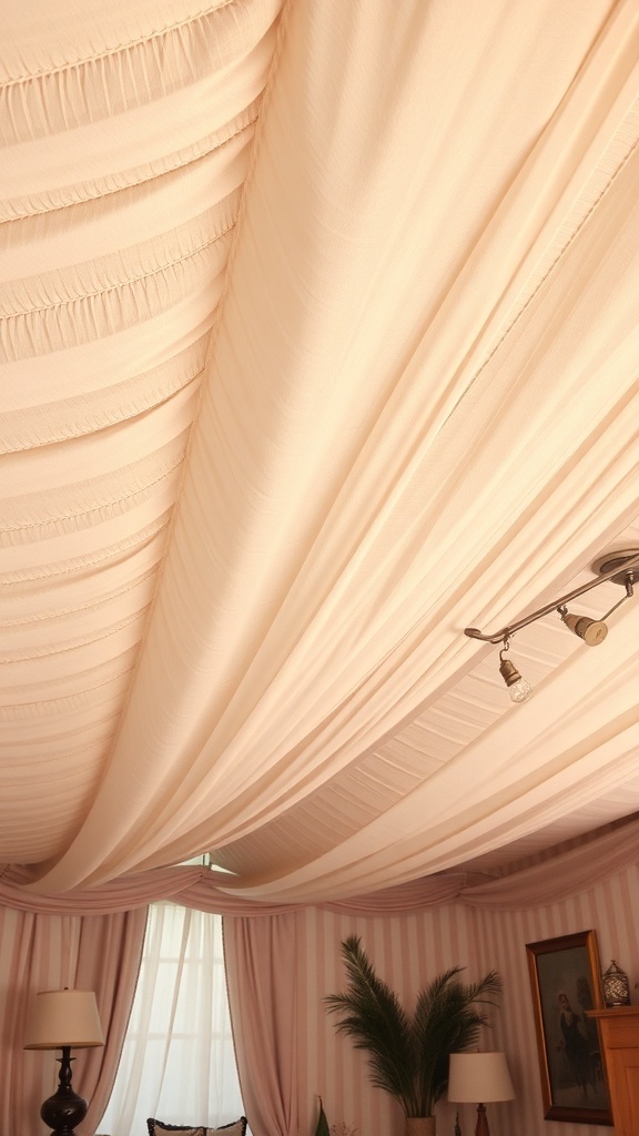 A ceiling covered with soft, draped fabric in a light color, creating a cozy atmosphere.