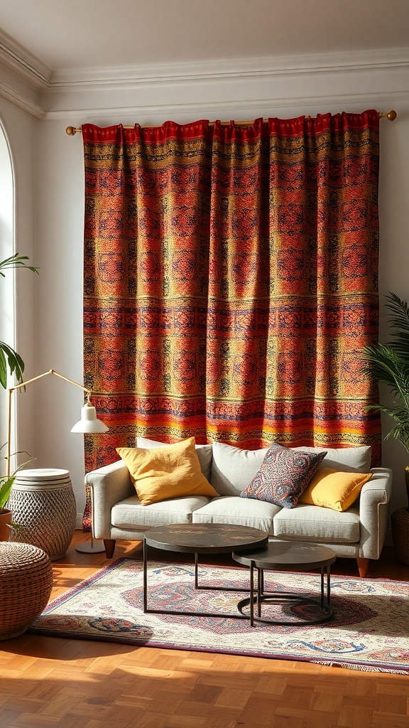 A living room with patterned fabric curtains serving as a room divider, showcasing a cozy sofa and decorative pillows.