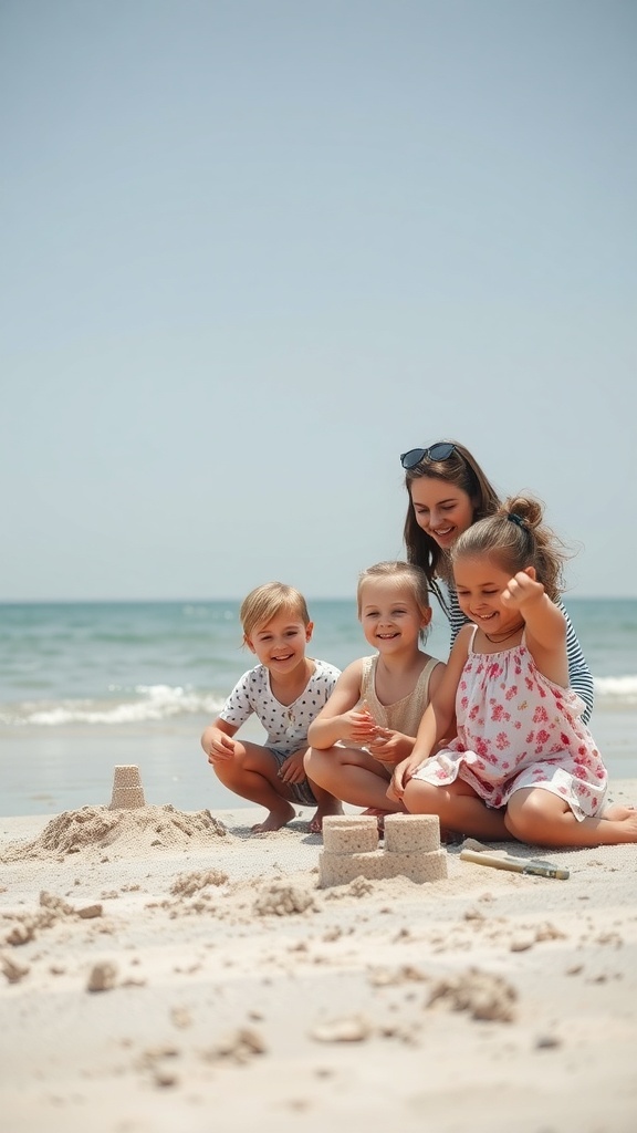 A family enjoying a day at the beach in Waikiki, Hawaii, building sandcastles.