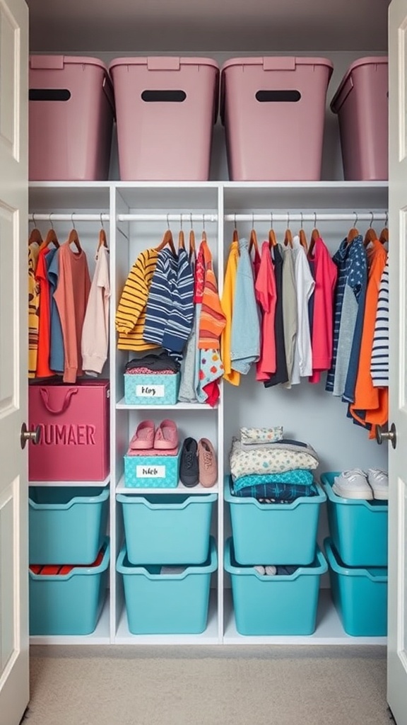 A colorful and organized family closet with bins and neatly hung clothes.