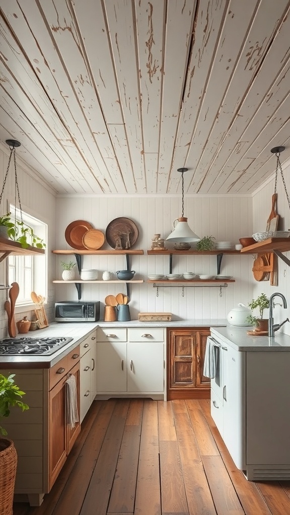 A cozy kitchen featuring a distressed beadboard ceiling, wooden floors, and rustic decor.