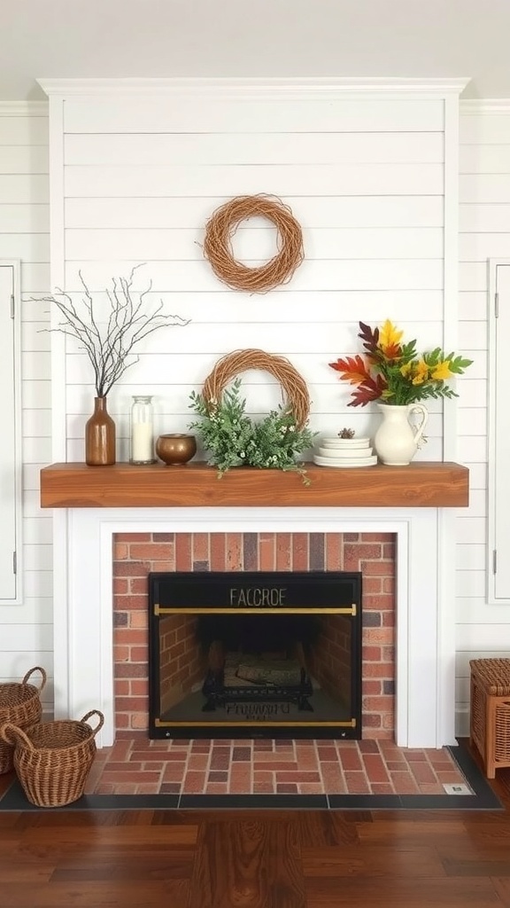 A cozy farmhouse-style fireplace with shiplap walls, a wooden mantel decorated with vases, a green wreath, and woven baskets.