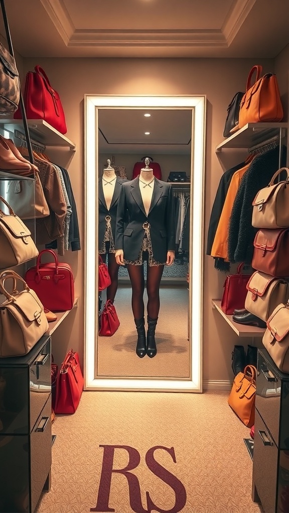 A stylish closet featuring a full-length mirror, a chic outfit on a mannequin, and shelves filled with colorful handbags.