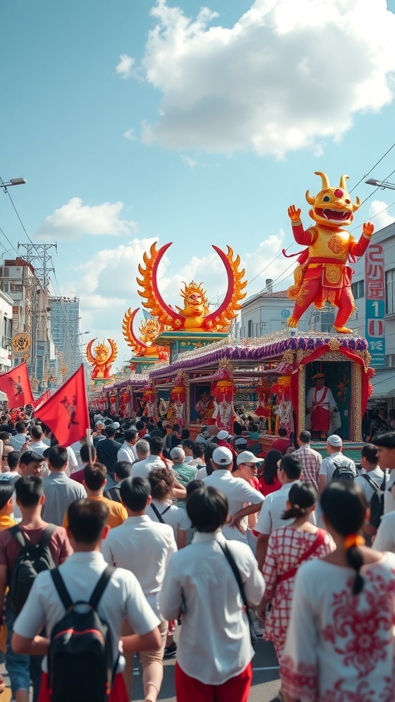 A vibrant festival scene in Okinawa with colorful floats and a large crowd celebrating.