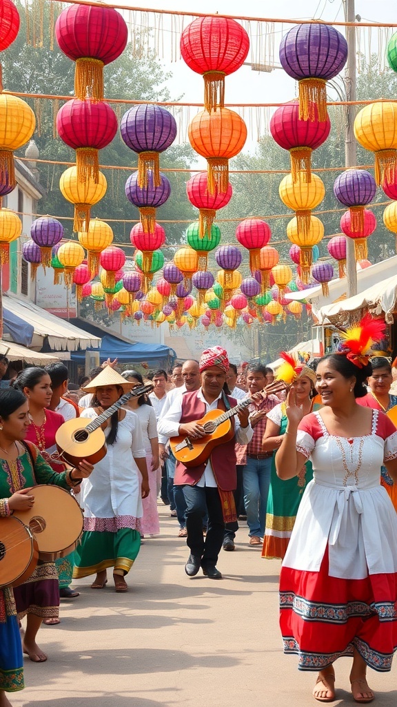 Colorful lanterns hanging over a festive street with people celebrating and playing music.