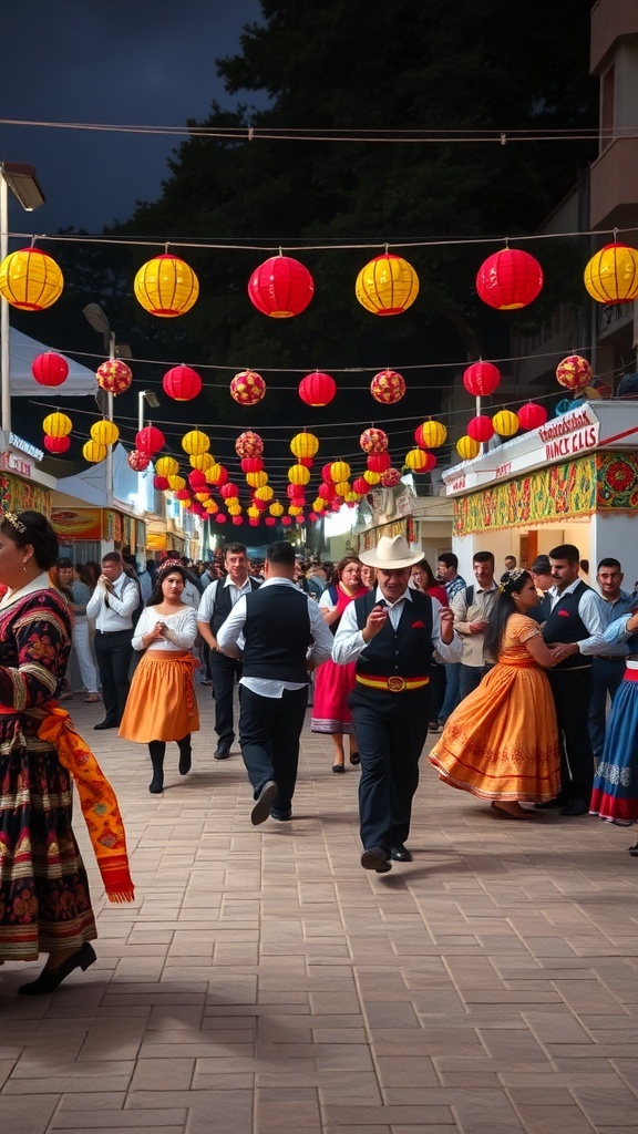 A lively festival scene in Alanya with people dancing and colorful lanterns hanging overhead.