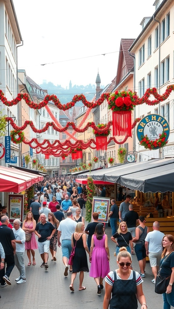 A busy street in Zurich decorated for a festival, with people walking and enjoying the festive atmosphere.