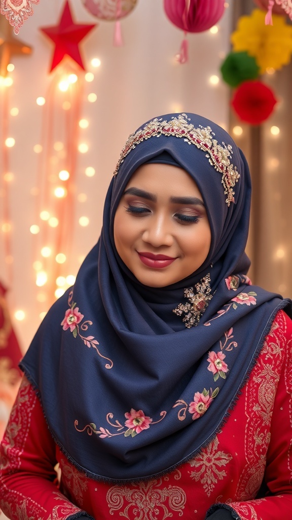 A woman wearing a navy blue hijab with floral embroidery and a red outfit, smiling softly.