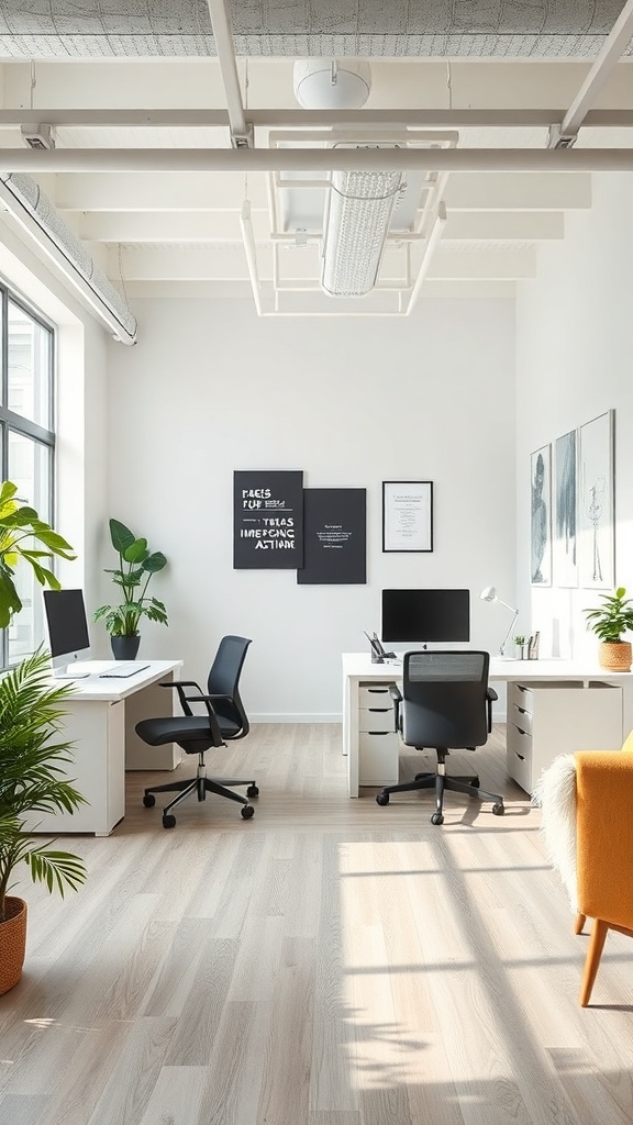 Bright office space with two workstations, plants, and modern decor.