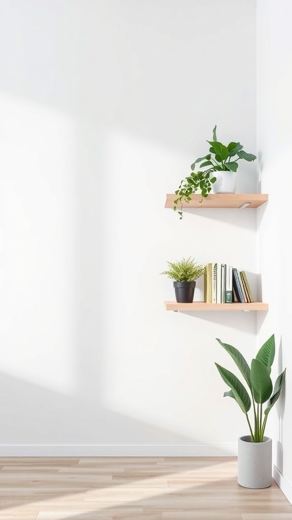 Floating corner shelves with plants and books in a minimalist room