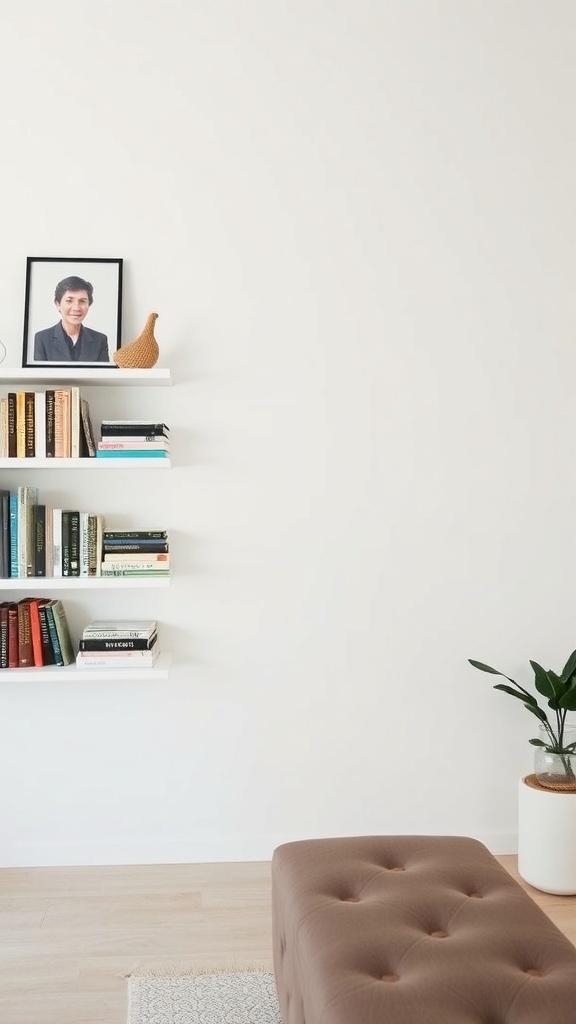 A modern interior featuring floating low bookshelves with books and decor.