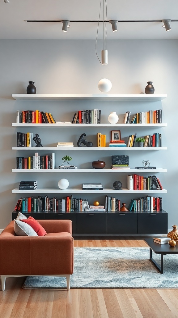 A modern living room featuring floating shelves with books and decorative items.