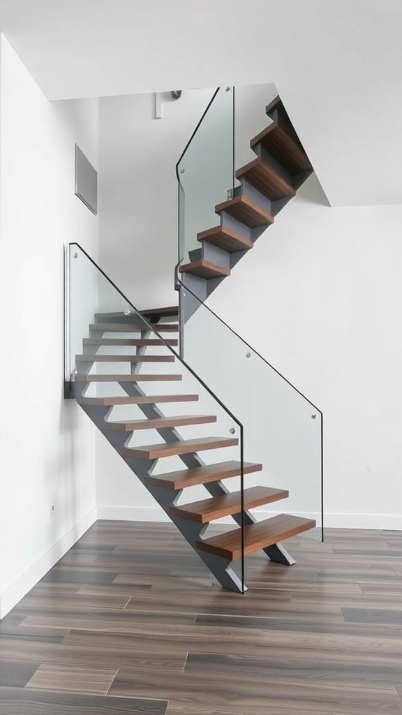 Modern floating staircase with wooden steps and glass railing