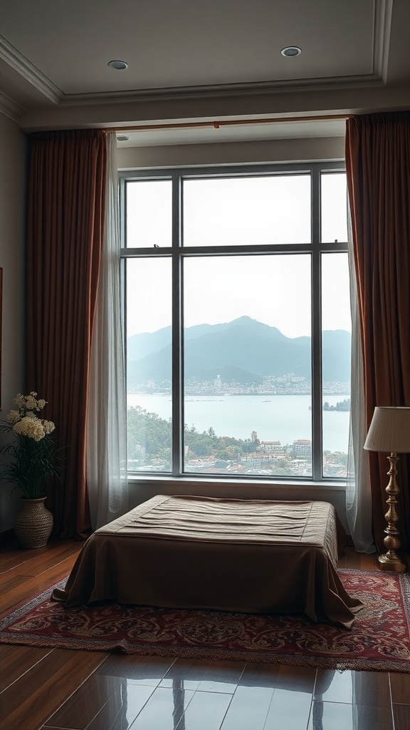A cozy room featuring floor-to-ceiling drapes framing a large window with a scenic view.