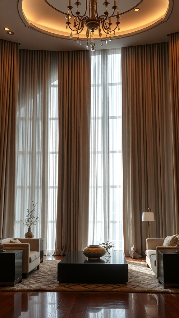 A stylish living room with floor-to-ceiling curtains, a chandelier, and modern furniture.