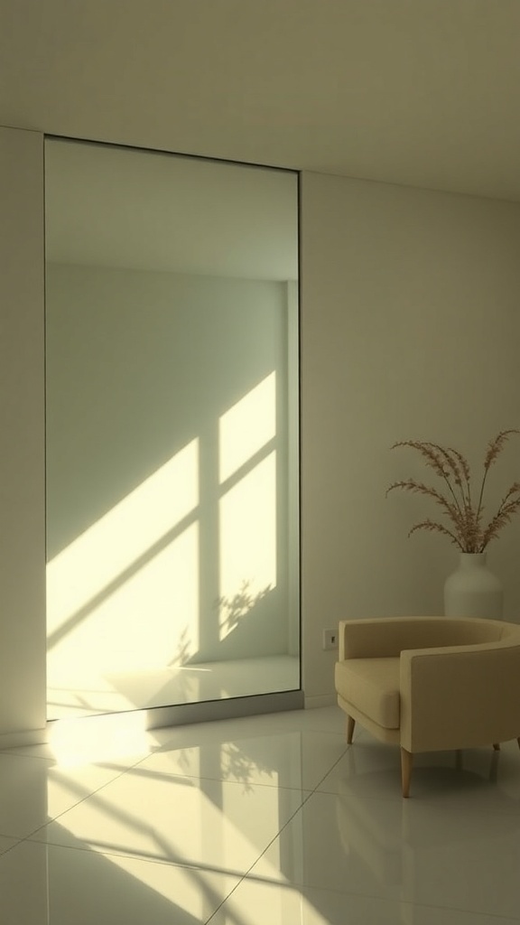A floor-to-ceiling mirror reflecting light in a modern room with a cozy chair.