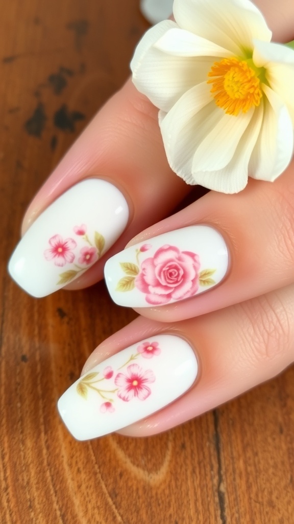 Close-up of white almond nails with floral designs featuring pink roses and blossoms.