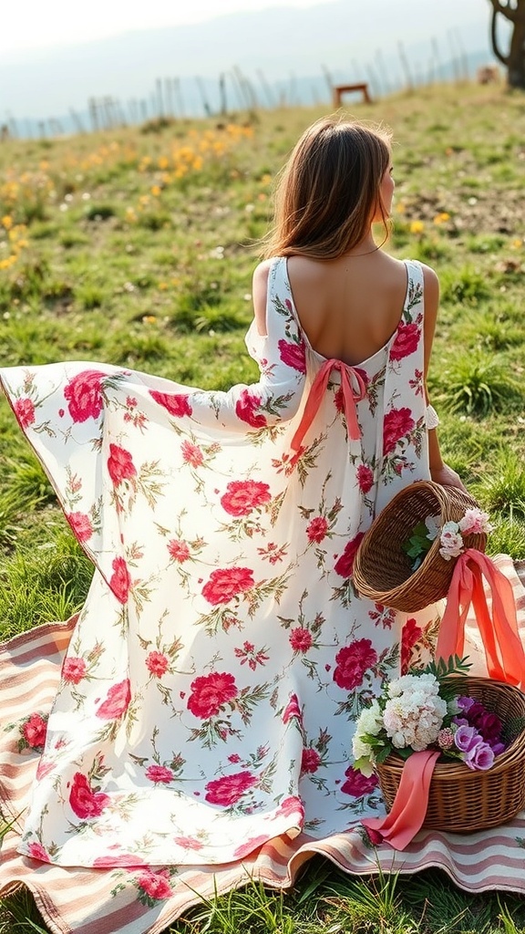 A woman in a floral maxi dress sitting on a picnic blanket with a basket of flowers.