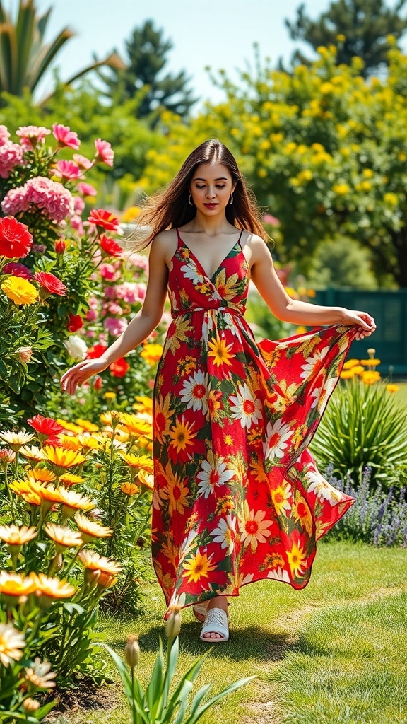 A woman in a floral maxi dress walking through a colorful garden